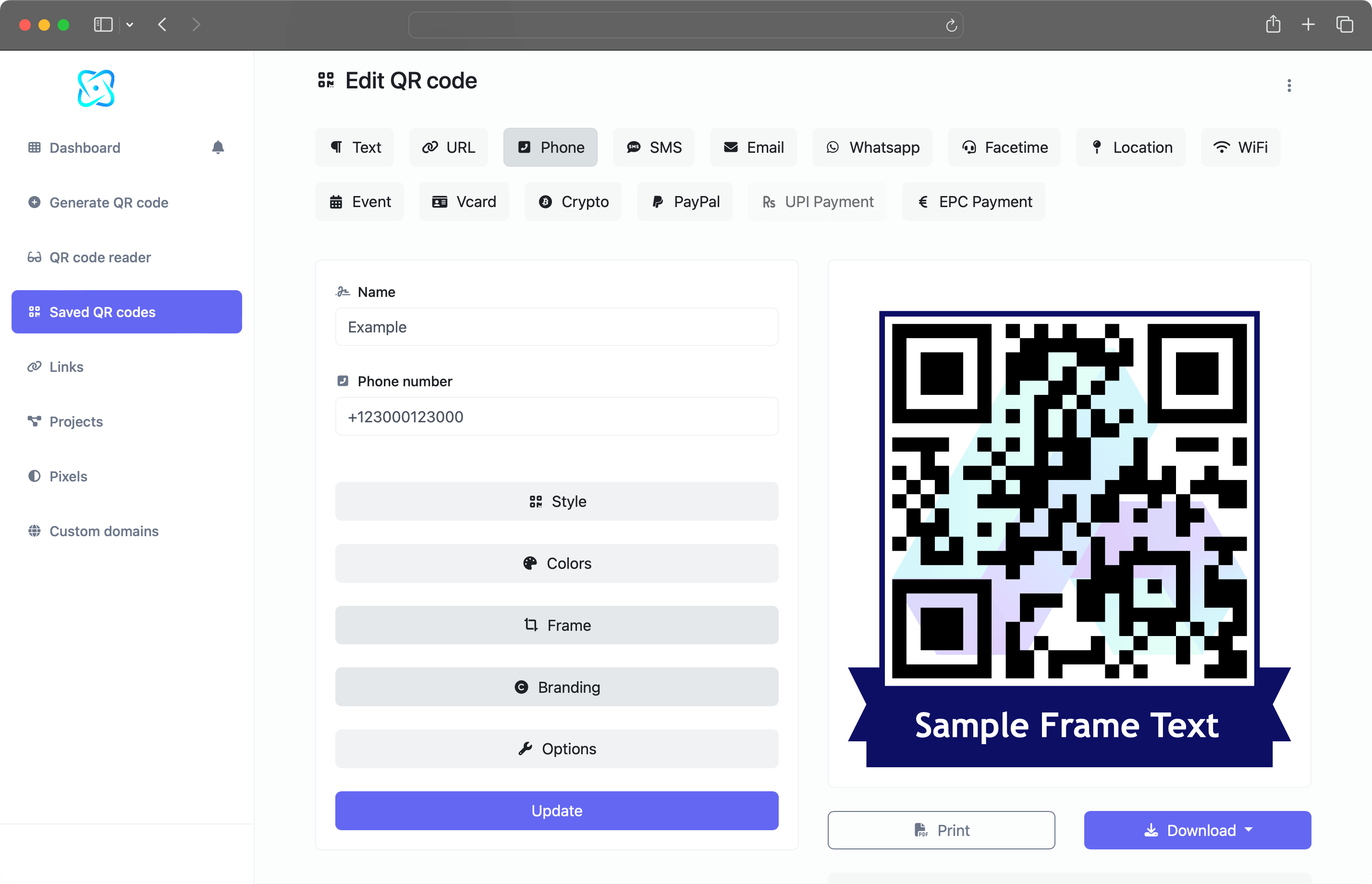 Screenshot of the QR code generator page
